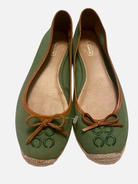 Coach Olive Green Canvas Ballet Flats with Tan Leather Trim